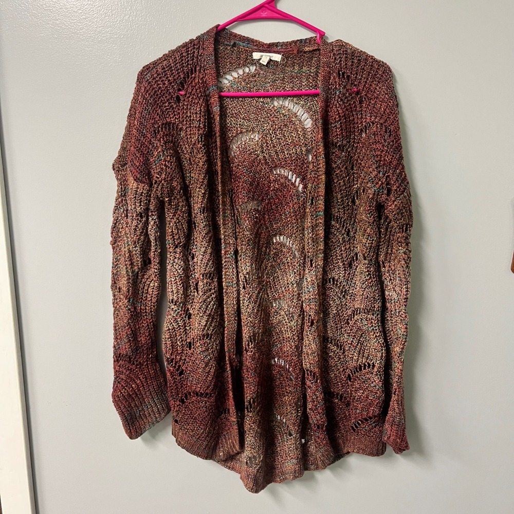 Maurices Womens XS Space Dye Open Knit Cardigan Burgundy  Boho Eyelet 716216